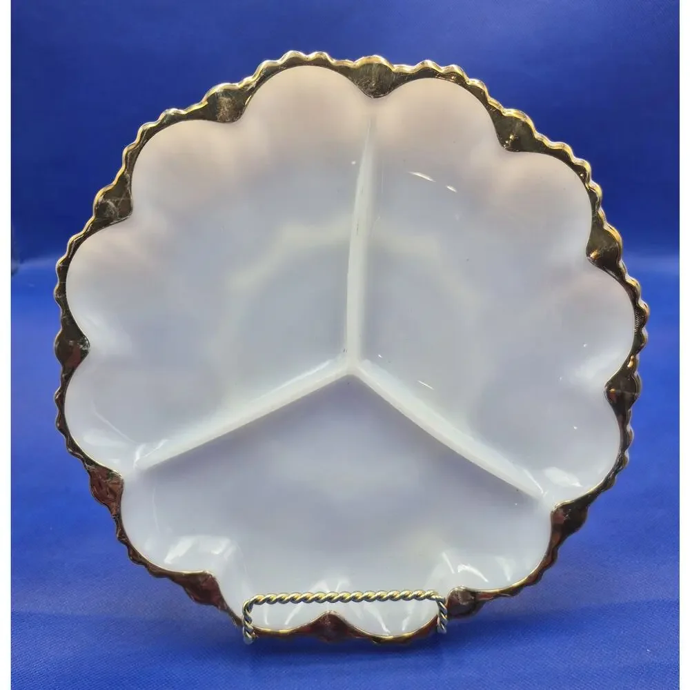 Vtg Anchor Hocking Milk Glass Divided Relish Dish Gold Trim Scalloped Rim 10